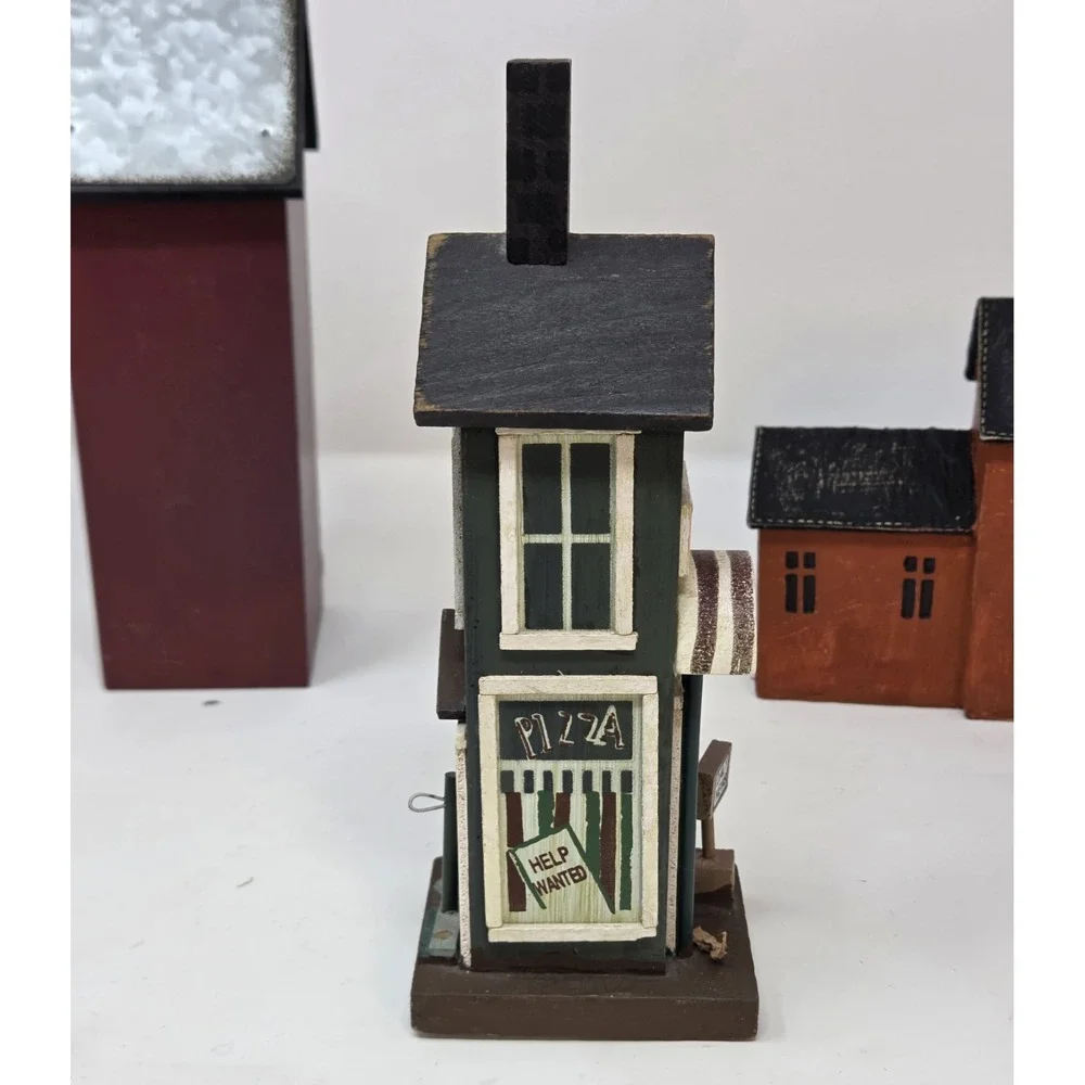 Primitive Farmhouse Wood House Decor Lot Set 3 Saltbox Birdhouse Pizza Shop